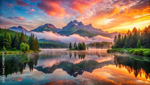 Serene landscape featuring a majestic mountain range at sunset, with lush green forests, misty fog, and a tranquil lake reflecting the vibrant orange and pink hues. photo