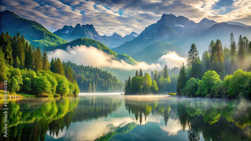 Serene landscape featuring misty mountains, vibrant green forests, and a tranquil lake, creating a breathtaking natural scenery ideal for posters and backgrounds. Serene landscape featuring misty mountains, vibrant green forests, and a tranquil lake, creating a breathtaking natural scenery ideal for posters and backgrounds.
