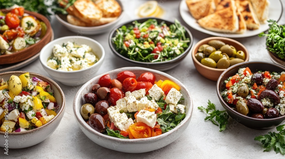 A collection of Greek mezze dishes, featuring olives, feta cheese, and fresh salads. A collection of Greek mezze dishes, featuring olives, feta cheese, and fresh salads.