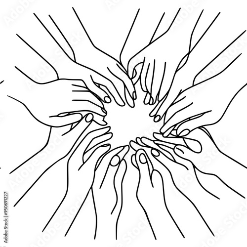 many hands connected in the center on a white background, symbolizing trust, unity and cooperation, single line vector drawing.