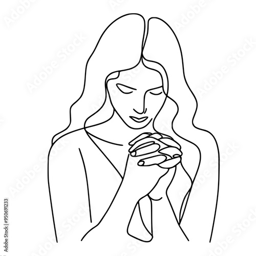 simple contour single line vector drawing of a woman with her hands closed, her hands clasped in front of her and praying