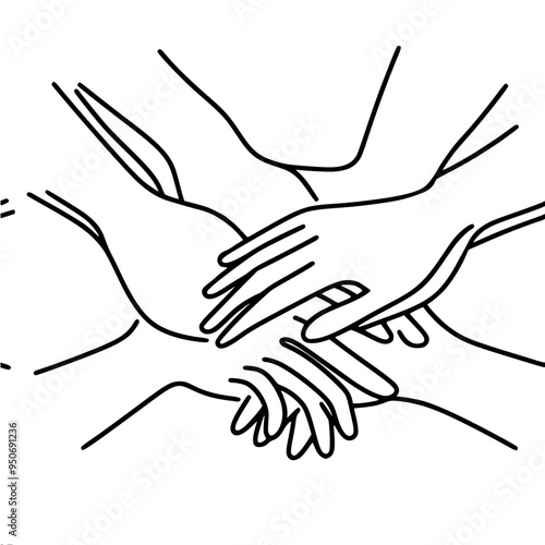 many hands folded on top of each other on a white background symbolizes trust, unity and friendship,single line vector drawing