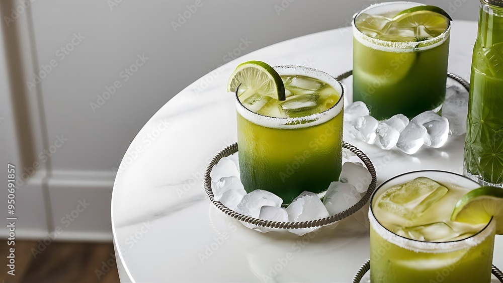 Close up view of refreshing sour alcohol cocktails with lime and ice on tabletop on white Close up view of refreshing sour alcohol cocktails with lime and ice on tabletop on white