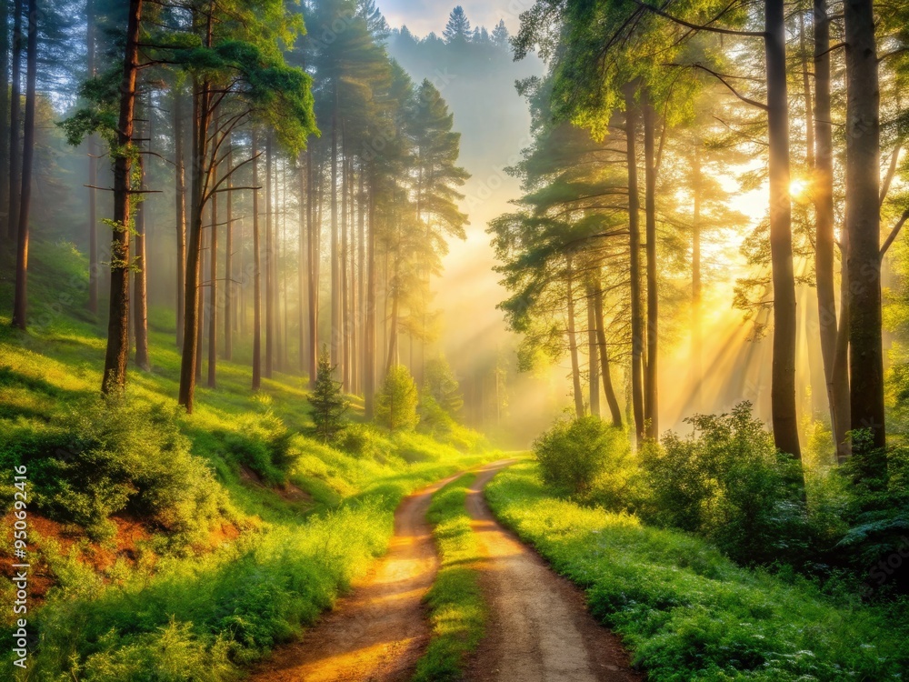 Serene winding dirt trail surrounded by lush greenery and towering trees, leading into a misty valley with a subtle golden morning light filtering through. Serene winding dirt trail surrounded by lush greenery and towering trees, leading into a misty valley with a subtle golden morning light filtering through.