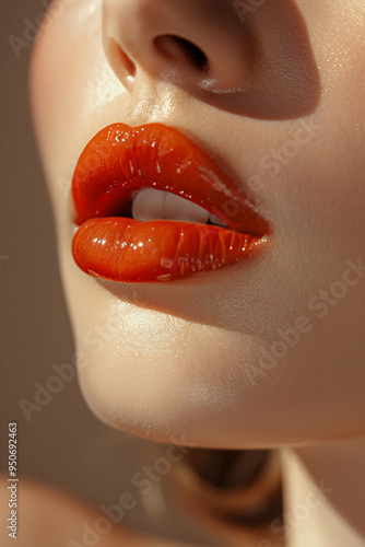 Sun-Kissed Lips:  A close-up shot of a woman's lips, radiant in warm sunlight, showcasing a bold, glossy orange lipstick. The image exudes a sensual and glamorous vibe, emphasizing the beauty and allu photo