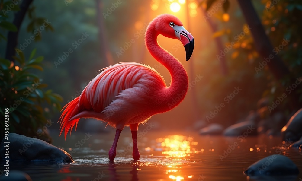 Fototapeta premium View of cartoon tropical flamingo