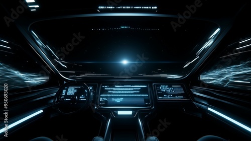 A breathtaking view from the pilot's cockpit of a futuristic spaceship traveling through deep outer space, surrounded by distant stars and galaxies, new beautiful stock image illustration AI photo