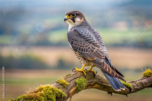 Small, agile falcon with slate-grey back, wings, and tail, and white underside, perched on a branch, looking out at a vast open landscape. photo
