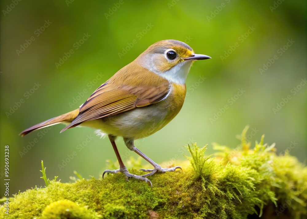 Fototapeta premium Small, ground-dwelling bird with brown back, grey underbelly, and distinctive white eye ring, perched on a moss-covered branch in a lush woodland setting.