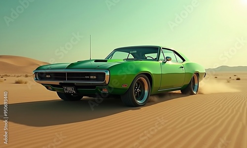 A green car in the desert