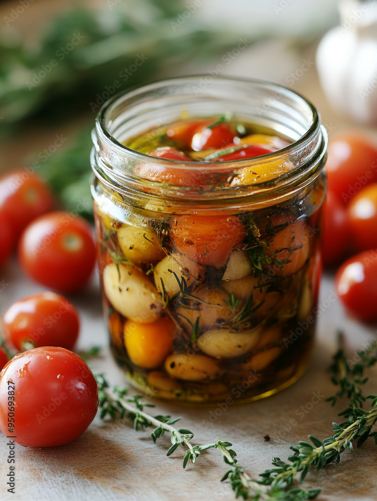 Jar of pickled vegetables with herbs surrounded by cherry tomatoes. Jar of pickled vegetables with herbs surrounded by cherry tomatoes.