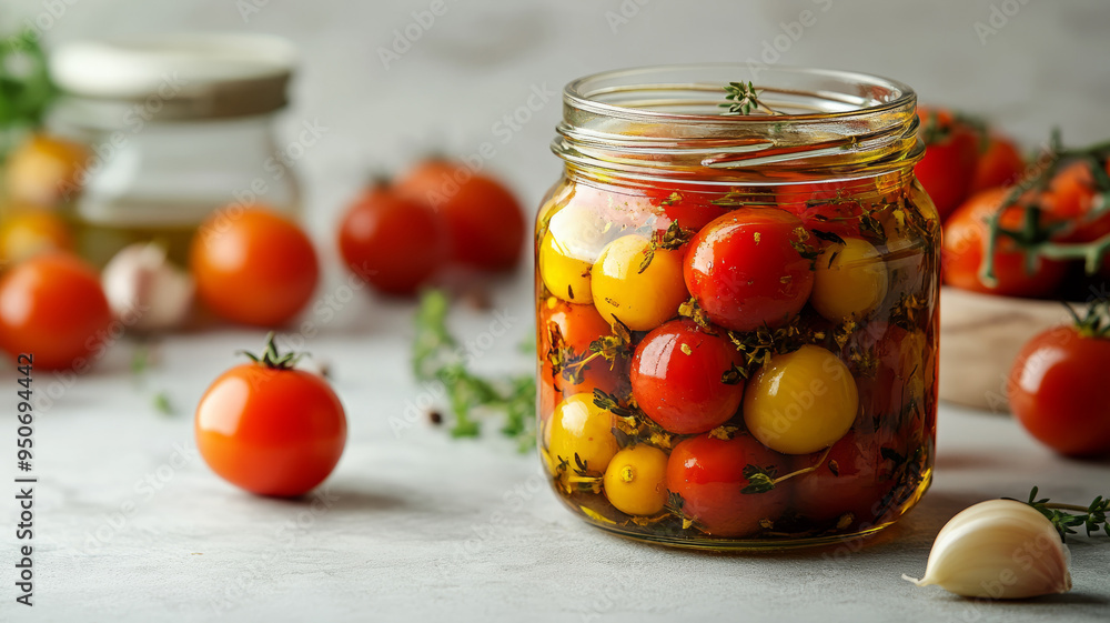 Jar of pickled cherry tomatoes with herbs and garlic on a kitchen counter. Jar of pickled cherry tomatoes with herbs and garlic on a kitchen counter.