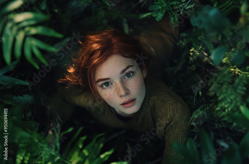 female redheaded woman floating in the air with her arms outstretched
