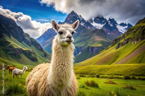 South American camelid with soft, fuzzy fur and gentle eyes, grazing peacefully in a lush, green meadow surrounded by majestic Andean mountains. photo