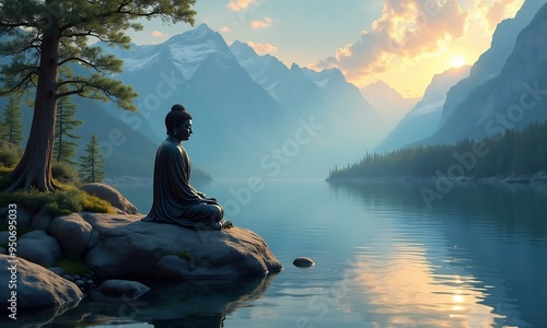 A pnting of a buddha sitting on a rock overlooking a lake. photo