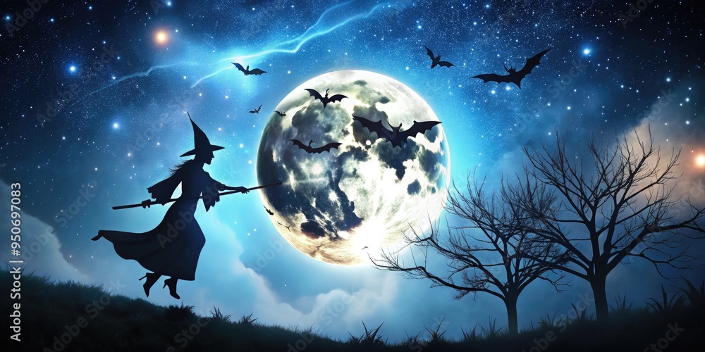 Spooky silhouette of a witch against a dark blue Halloween night sky with crescent moon, stars, and vector bats flying overhead. Spooky silhouette of a witch against a dark blue Halloween night sky with crescent moon, stars, and vector bats flying overhead.