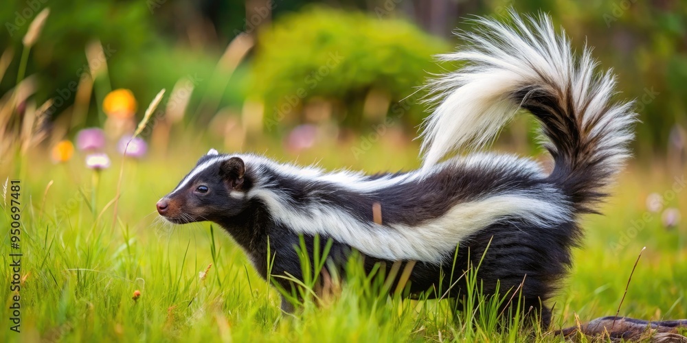Obraz premium Striped, Skunk-Like Mammal With Long Bushy Tail Investigating Its Surroundings In The Meadow