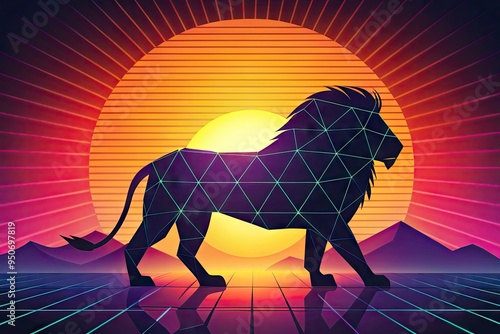 Stylized minimalist vector illustration of a majestic lion's silhouette against a vibrant sunset background, with bold lines and geometric patterns adding dramatic flair. photo