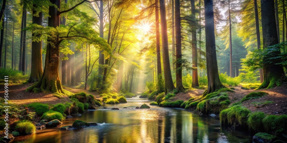 Tranquil Scene Of A Sunlit Forest With Towering Trees, Vibrant Foliage, And A Serene Stream Winding Through The Undergrowth. Tranquil Scene Of A Sunlit Forest With Towering Trees, Vibrant Foliage, And A Serene Stream Winding Through The Undergrowth.