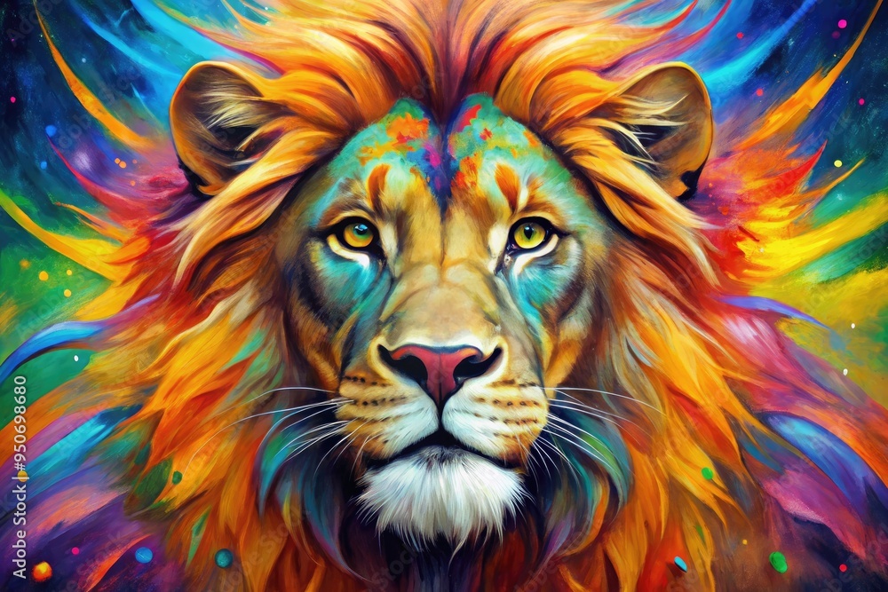 Vibrant abstract painting of a lion's majestic face, swirling with bold brushstrokes and kaleidoscope colors, blending wild beauty with creative expression. Vibrant abstract painting of a lion's majestic face, swirling with bold brushstrokes and kaleidoscope colors, blending wild beauty with creative expression.