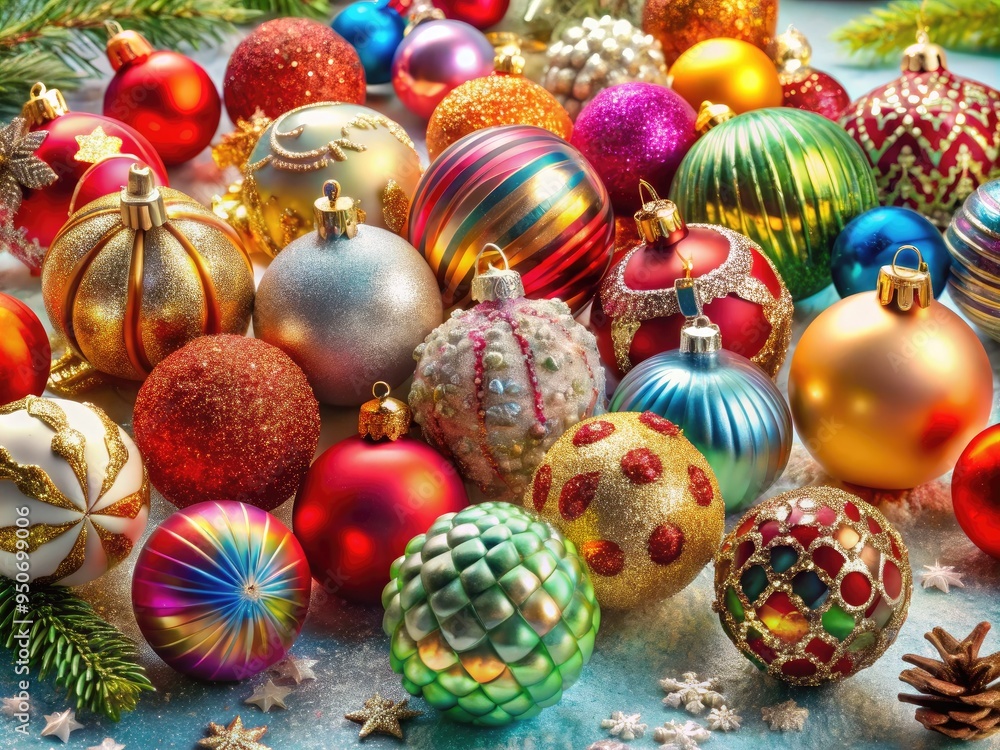 Vibrant assortment of intricately designed Christmas ornaments in various shapes, sizes, and materials, arranged artfully on a frosted glass tabletop, evoking festive holiday cheer. Vibrant assortment of intricately designed Christmas ornaments in various shapes, sizes, and materials, arranged artfully on a frosted glass tabletop, evoking festive holiday cheer.