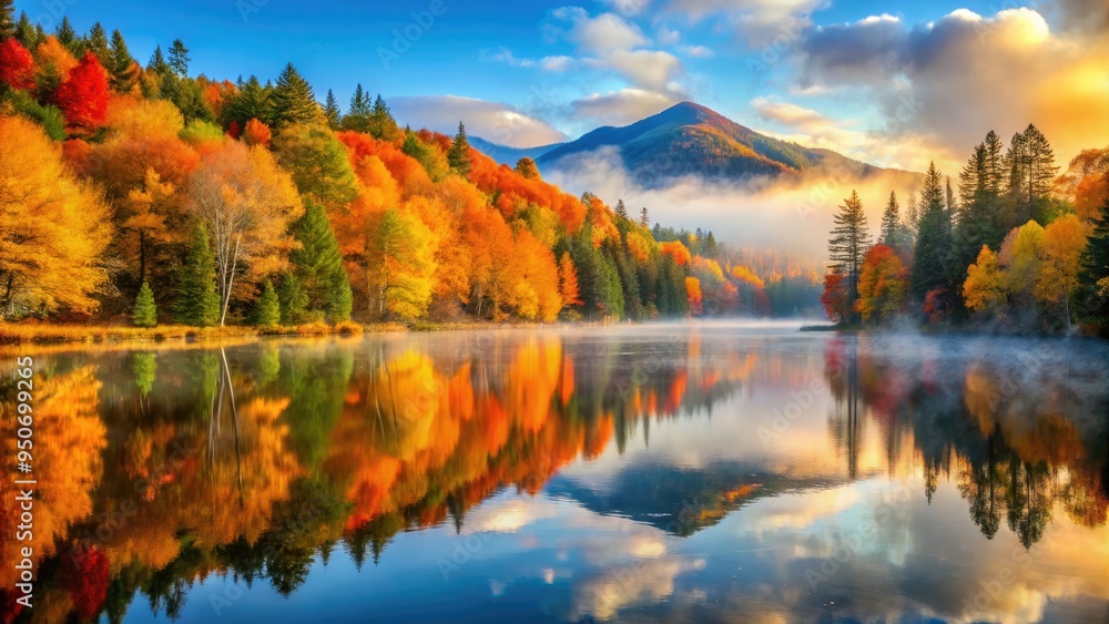 Vibrant autumn foliage surrounds a serene mountain lake, reflecting the warm golden light of a crisp fall morning, with misty fog rising from the tranquil water. Vibrant autumn foliage surrounds a serene mountain lake, reflecting the warm golden light of a crisp fall morning, with misty fog rising from the tranquil water.