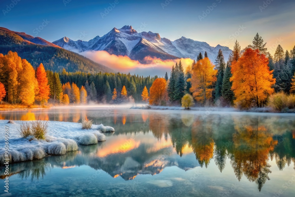Fototapeta premium Vibrant autumn foliage surrounds a serene frozen lake, snow-capped mountains rise in the background, and frosty mist veils the tranquil forest landscape at dawn.