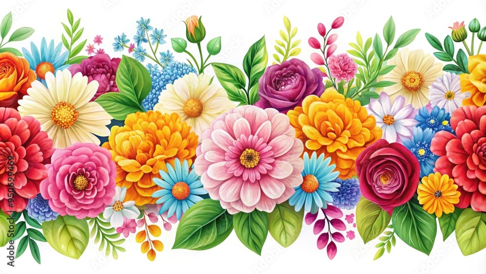 Vibrant blooming flowers in a repeating pattern create a seamless border design, perfect for backgrounds, wallpapers, and textiles, in a fresh and colorful arrangement. Vibrant blooming flowers in a repeating pattern create a seamless border design, perfect for backgrounds, wallpapers, and textiles, in a fresh and colorful arrangement.