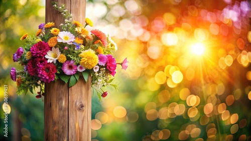 Vibrant blooming flowers adorn a colorful banner, elegantly wrapped around a vintage wooden pole, set against a soft focus bokeh background with warm natural light.