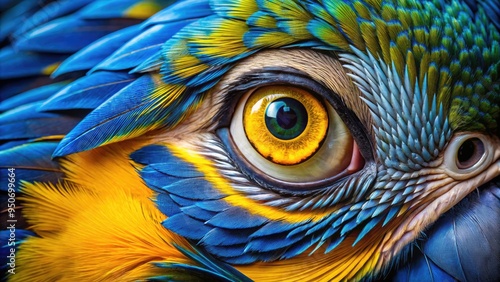 Vibrant blue and yellow feathers fill the frame in a stunning close-up of a bird's eye, capturing intricate details and textures of its iris. photo