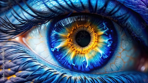 Vibrant blue iris with intricate details and textures, capturing the beauty of the human eye in extreme close-up, with subtle highlights and soft focus.