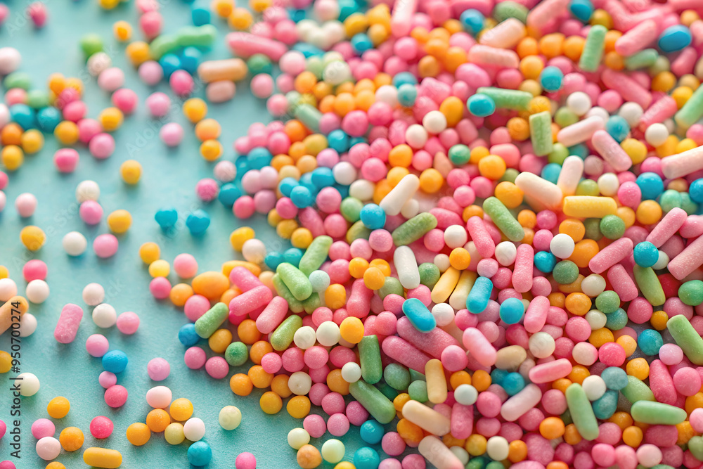 A colorful pile of sprinkles on a blue background. The sprinkles are in various colors and sizes, creating a vibrant and playful atmosphere A colorful pile of sprinkles on a blue background. The sprinkles are in various colors and sizes, creating a vibrant and playful atmosphere