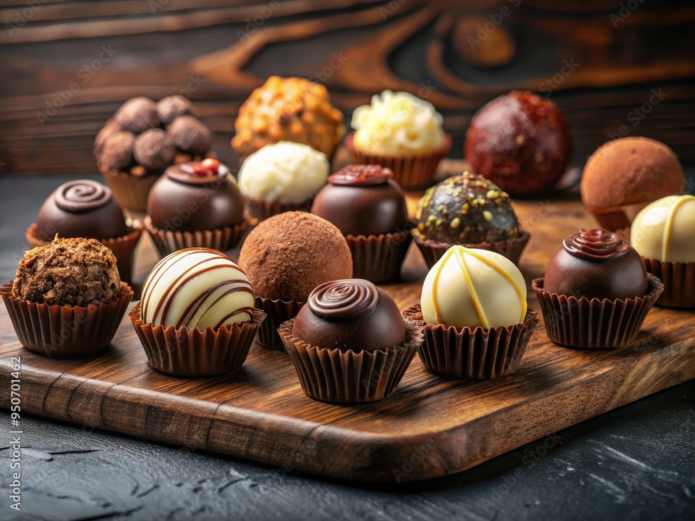 Vibrant display of assorted traditional British confections, including rich brown truffles and creamy treats, arranged on a wooden table against a dark stone backdrop. Vibrant display of assorted traditional British confections, including rich brown truffles and creamy treats, arranged on a wooden table against a dark stone backdrop.