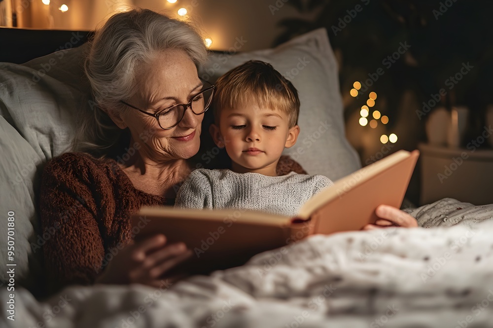 grandmother reading book to a grandchild in the bedtime grandmother reading book to a grandchild in the bedtime