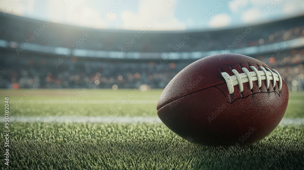 A close up of football on field, ready for next play, captures excitement of game. A close up of football on field, ready for next play, captures excitement of game.