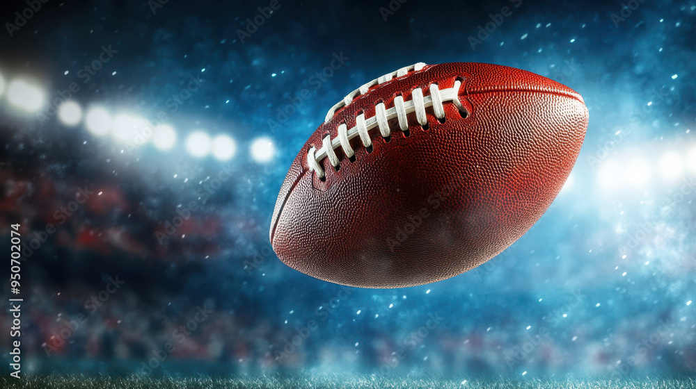 A close up of football soaring through air, symbolizing excitement and energy in stadium setting. A close up of football soaring through air, symbolizing excitement and energy in stadium setting.