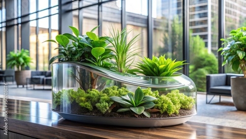Vibrant greenery spills from a modern, sleek glass planter, blending organic curves with industrial lines in a harmonious fusion of natural beauty and urban design.