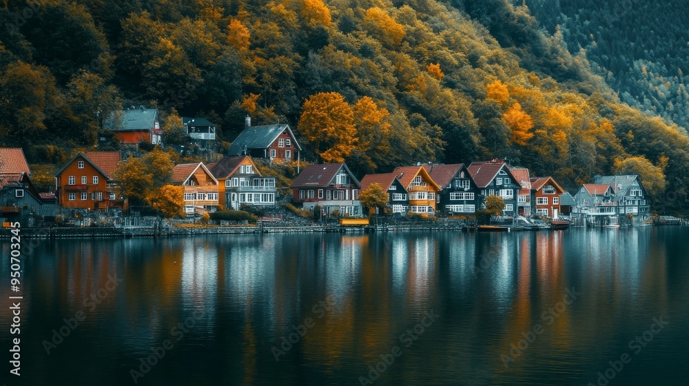 Fototapeta premium Houses on a hill by a lake.