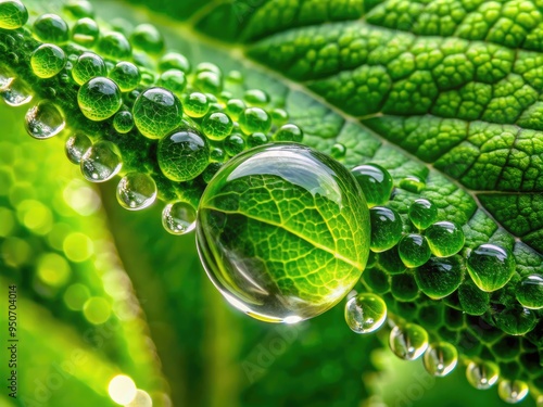 Vibrant green sap oozes from a freshly cut stem of a lush, dewy plant, showcasing intricate textures and details in a breathtaking, extreme close-up. photo