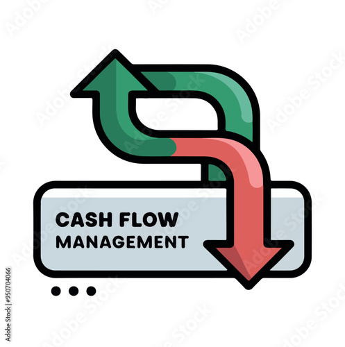 a cash flow management icon. One green arrow is pointed upwards which represents money flowing into the business. The other red arrow is pointed downwards representing money flowing out of the busines