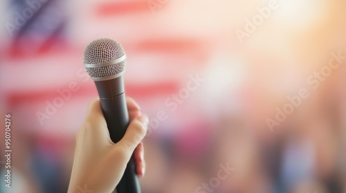 Close-Up of Hands on Microphone at Political Rally, US Flag