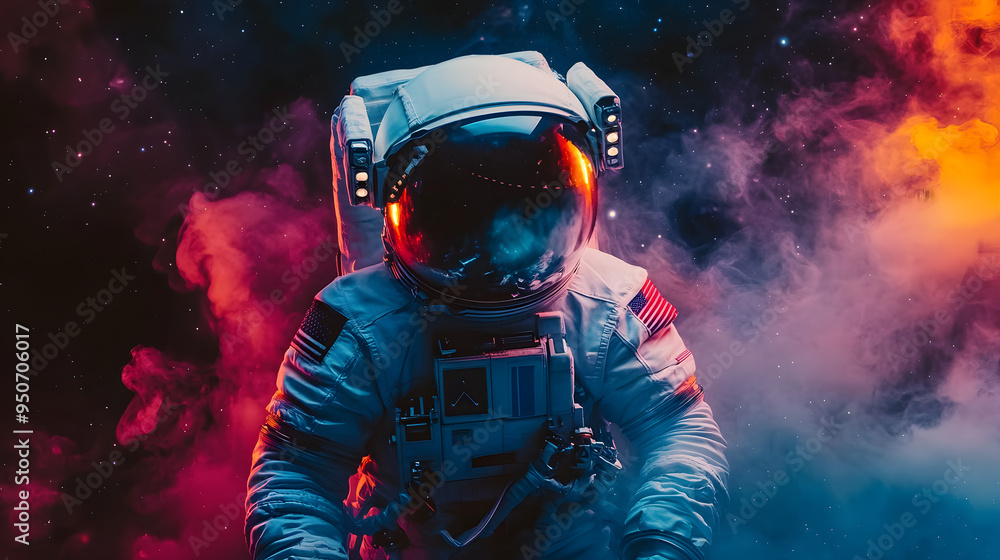 Obraz premium Picture of astronaut - man or woman in suit with helmet, cosmic gas around