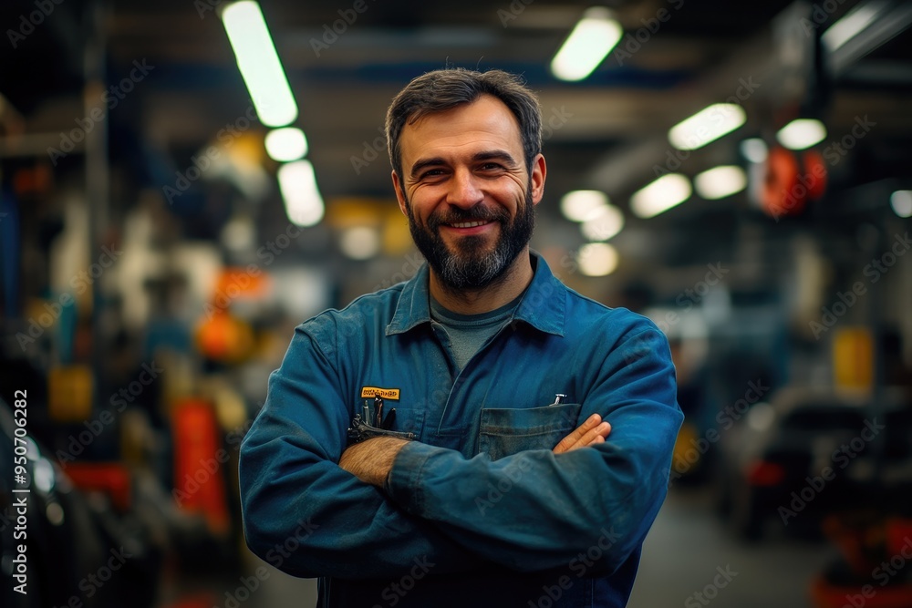 Confident Mechanic in a Busy Automotive Workshop Confident Mechanic in a Busy Automotive Workshop