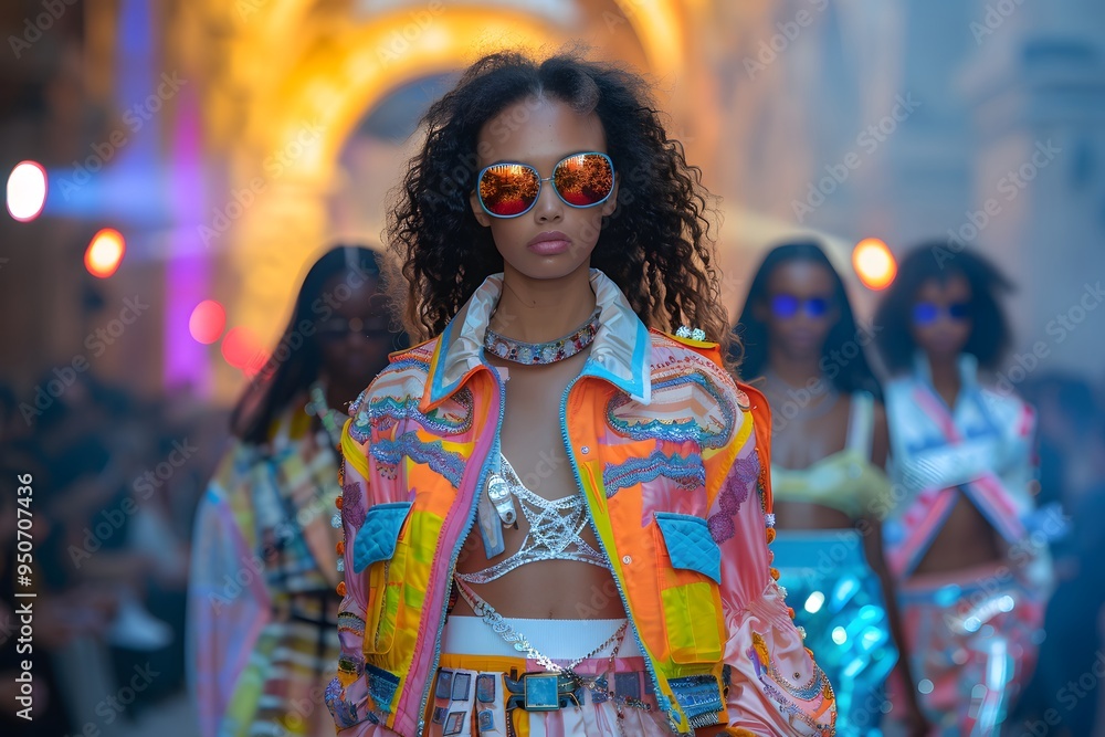 Vibrant Fashion Showcase: Models Strut in Colorful Attire and Bold Accessories Vibrant Fashion Showcase: Models Strut in Colorful Attire and Bold Accessories