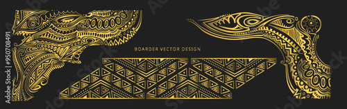 Decorative corner design element, black & gold, yellow and brown, corner design illustration,, Papua New Guinea Tribal design