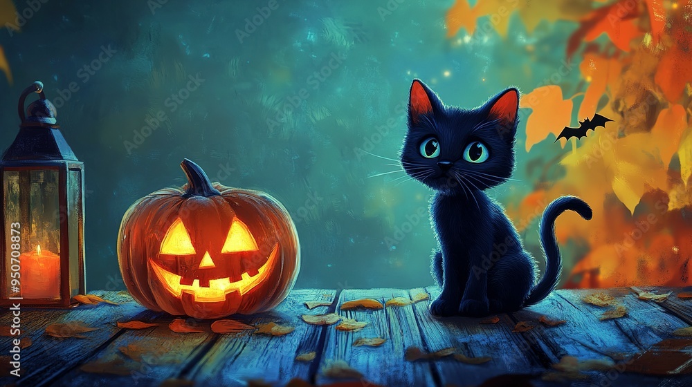 Black Cat and Jack-o'-Lantern on Wooden Deck with a Bat and Autumn Leaves Black Cat and Jack-o'-Lantern on Wooden Deck with a Bat and Autumn Leaves