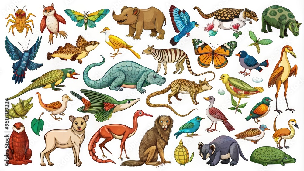 Obraz premium Vibrant, hand-drawn vector illustrations of diverse animals, including mammals, birds, reptiles, and insects, in various poses and compositions, perfect for design and educational projects.