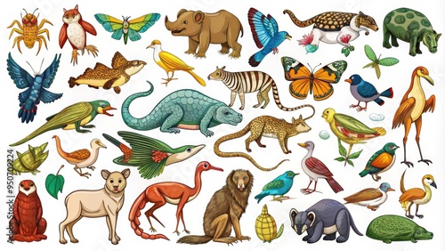 Vibrant, hand-drawn vector illustrations of diverse animals, including mammals, birds, reptiles, and insects, in various poses and compositions, perfect for design and educational projects. photo