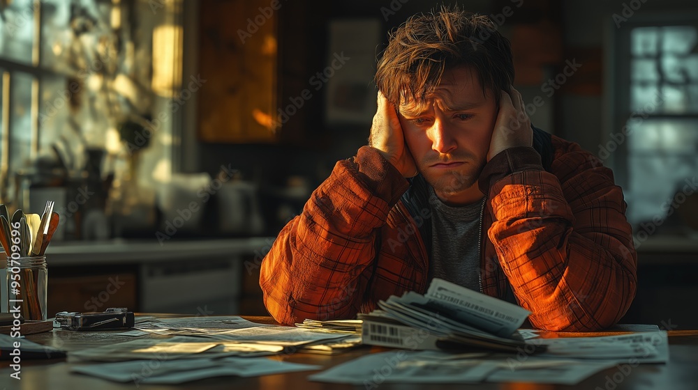 Young man overwhelmed with financial stress, sitting at a table filled with unpaid bills in a dimly lit room, symbolizing the burden of debt and economic struggle Young man overwhelmed with financial stress, sitting at a table filled with unpaid bills in a dimly lit room, symbolizing the burden of debt and economic struggle