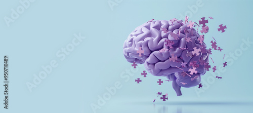 Alzheimer awareness day, dementia diagnosis, Parkinson disease, memory loss disorder, brain with purple puzzle or jigsaw pieces, damaged mind 